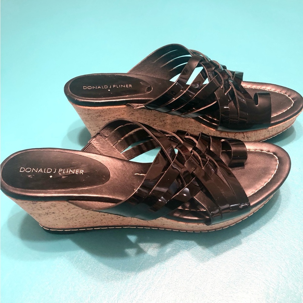 Donald J. Pliner Black Woven Leather Cork Wedge Sandals